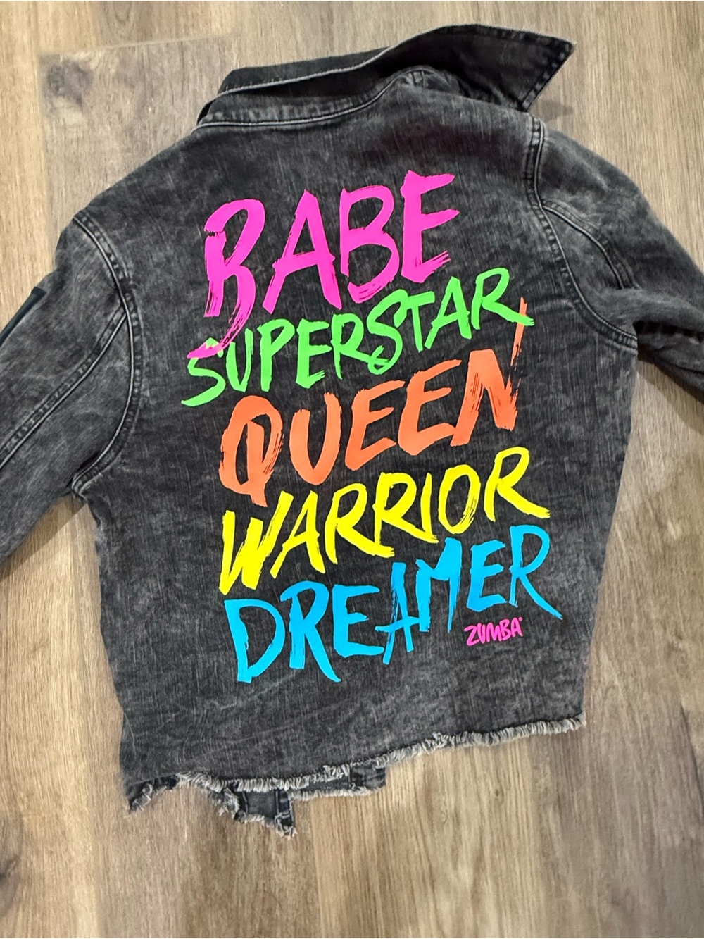 Zumba Black Acid-Wash Denim Jacket with Neon Slogan